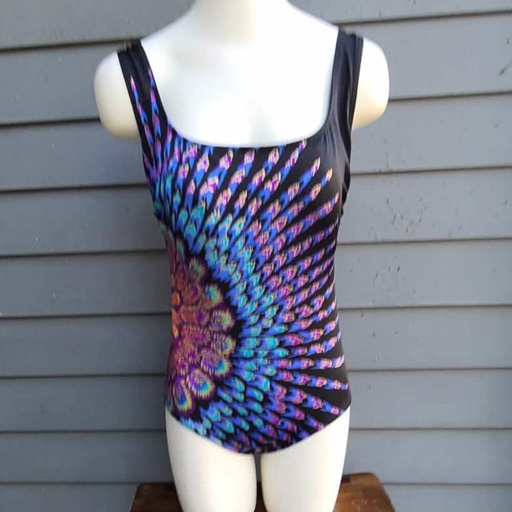 Longitude Peacock Print Black Blue One Piece Swim Suit size 8